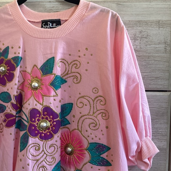 VTG 80’s Pink Jewel Pearl Stud Floral Embroidered Cotton Top Puffed Sleeve M - Picture 7 of 10